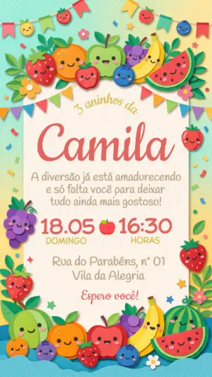 Convite de Aniversário Infantil Frutinhas Colorido Editável