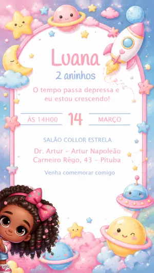 Convite de Aniversário Astronauta Menina Fofo para Editar