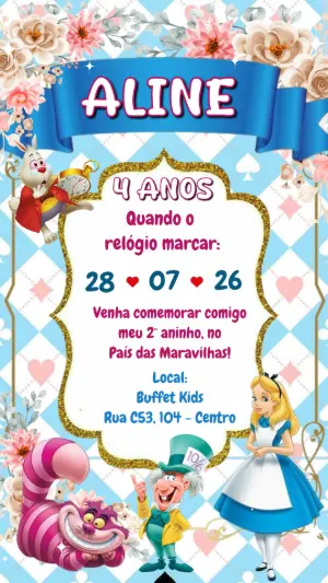 Vídeo Convite de Aniversário Alice no País das Maravilhas Editável