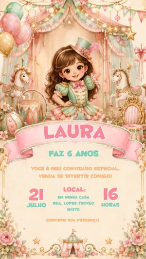 Convite de Aniversário Circo Rosa Vintage Editável