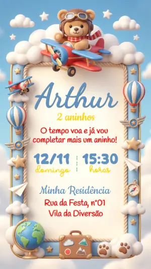 Convite de Aniversário Ursinho Aviador Fofo para Editar