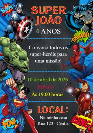 Convite de Aniversário Super Heróis Editável para Festa Infantil