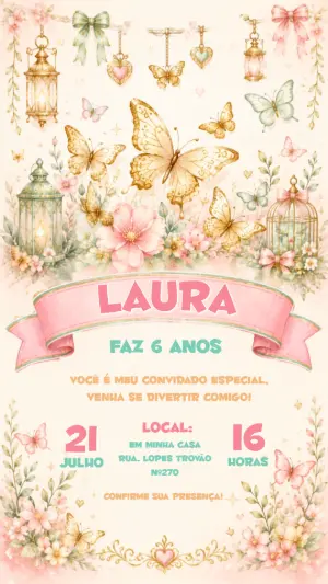 Convite de Aniversário Jardim de Borboletas Aquarela Editável