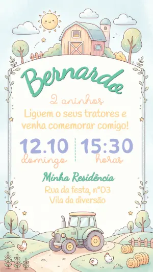 Convite de Aniversário Fazendinha com Trator Fofo Editável