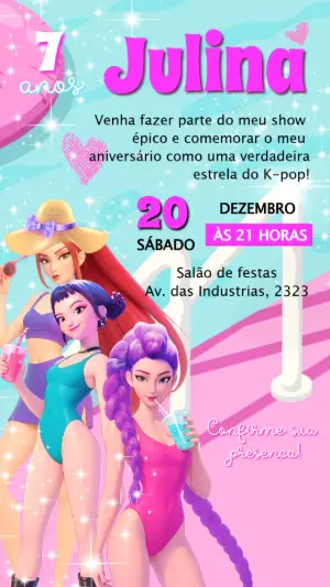 Invitation d'anniversaire KPop Demon Hunters – Statique – Convite digital - Edite você mesmo