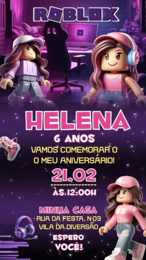 Convite de Aniversário Roblox Menina Gamer Editável