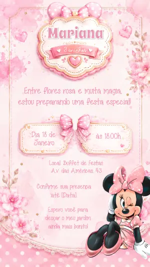 Convite de Aniversário Minnie Baby Rosa Editável