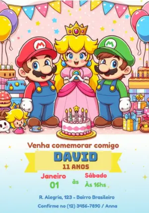 Convite Aniversário Mario, Luigi e Peach para Editar Online