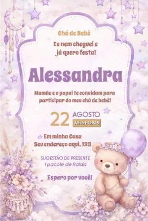 Convite Chá de Bebê Ursinho Boho Lilás para Editar