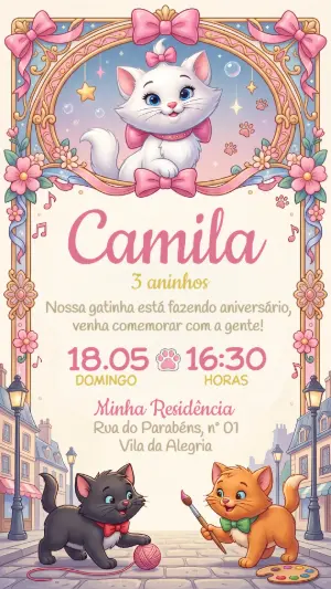 Convite de Aniversário Gatinha Marie Rosa Editável