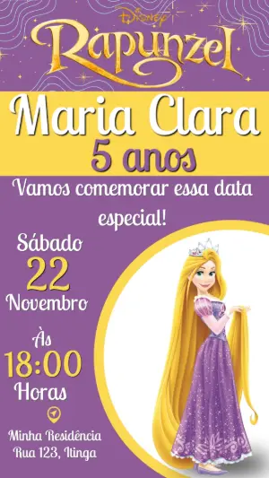 Convite Rapunzel Disney Aniversário Menina Editável