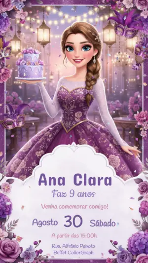 Convite Digital Festa Princesa Baile de Máscaras Roxo Editável