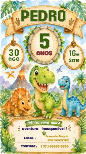 Convite de Aniversário Dinossauro Aquarela para Editar