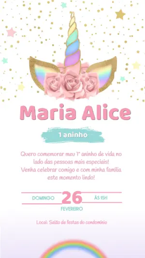 Convite de Aniversário Unicórnio Mágico Dourado para Editar
