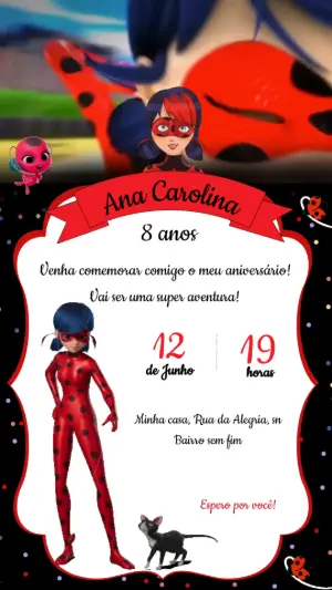 Convite Animado de Aniversário Ladybug Miraculous para Editar