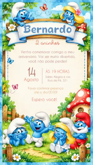 Convite de Aniversário Smurfs Modelo Editável Digital