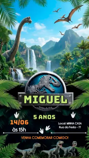 Convite de Aniversário Dinossauros Aventura na Selva Editável
