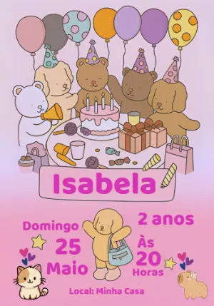 Convite de Aniversário Animais Fofos para Editar Online