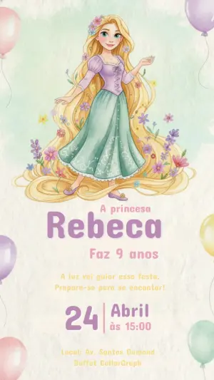 Convite de Aniversário Rapunzel Aquarela para Editar