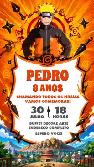 Convite de Aniversário Naruto Ninja Laranja para Editar