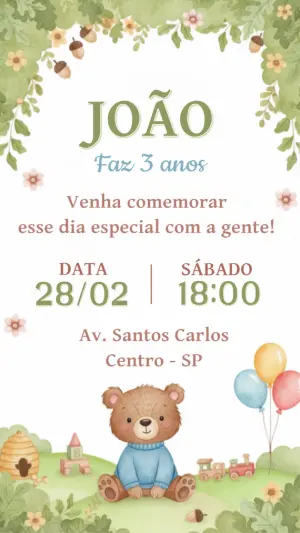 Convite de Aniversário Infantil Ursinho no Bosque para Editar