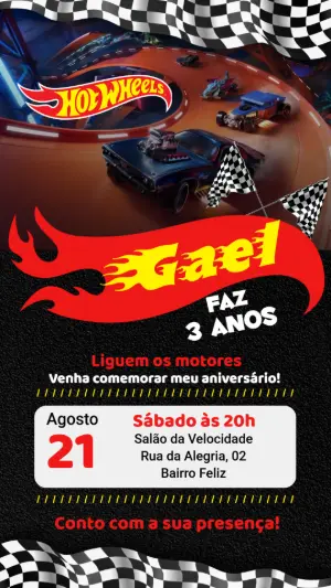 Convite de Aniversário Hot Wheels Carros de Corrida Editável