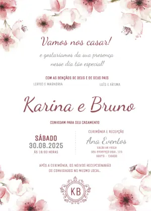 Convite de Casamento Floral Cerejeira para Editar Online