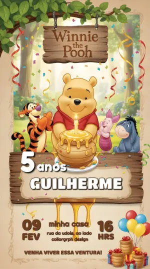 Convite Digital Ursinho Pooh e Amigos para Aniversário Editável