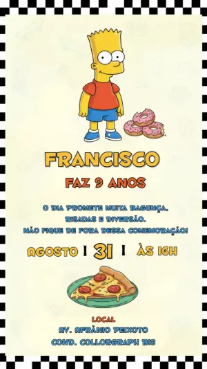 Convite de Aniversário Bart Simpson Divertido para Editar