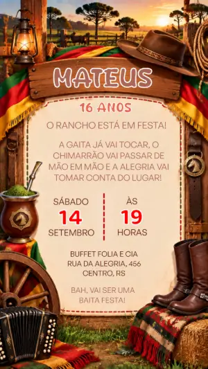 Convite de Aniversário Gaúcho Editável para Festa Fazenda