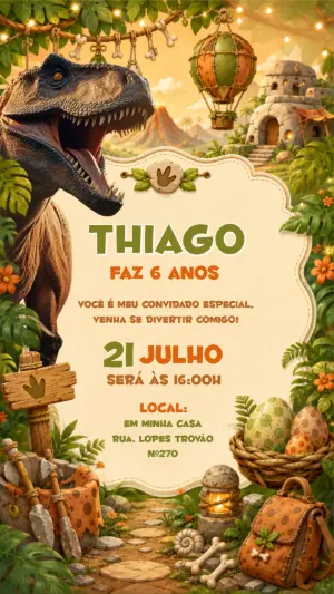 Convite de Aniversário Dinossauro Jurássico Editável