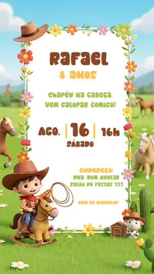 Convite de Aniversário Cowboy Infantil para Editar Online