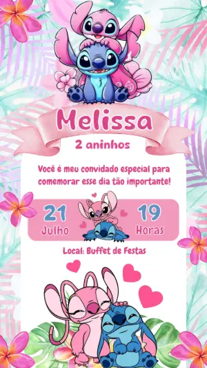 Convite Aniversário Stitch e Angel para Editar Online