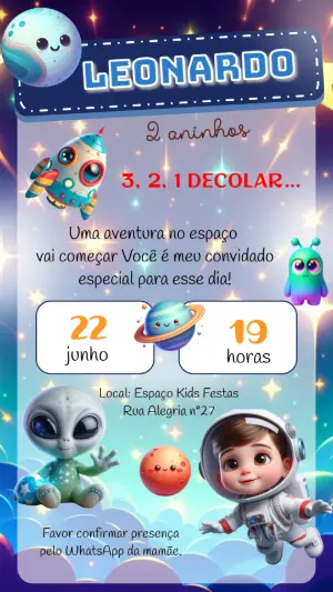 Convite de Aniversário Espacial Fofo com Astronauta para Editar
