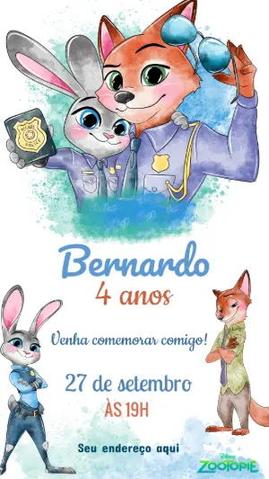 Convite de Aniversário Zootopia com Judy e Nick para Editar