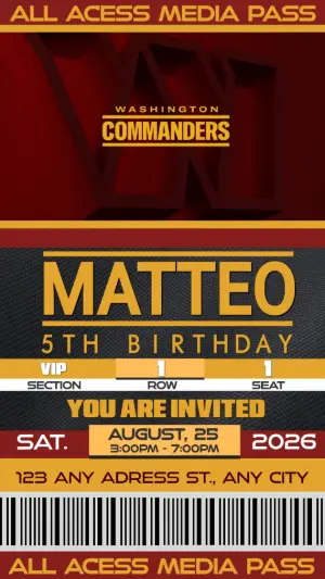 Editable Football Ticket Birthday Invitation for Washington Commanders