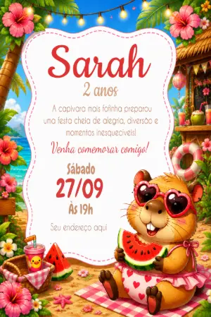 Convite de Aniversário Capivara na Praia para Editar