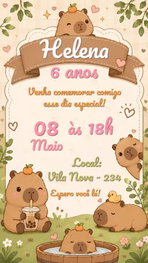 Convite de Aniversário Capivara Fofa Editável