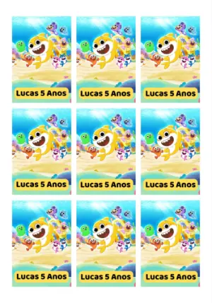 Tag Aniversário Baby Shark com Personagens para Editar