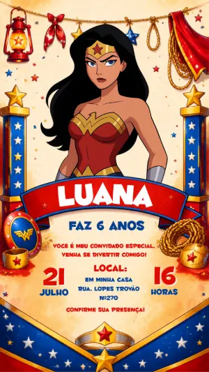 Convite de Aniversário Mulher-Maravilha HQ Editável
