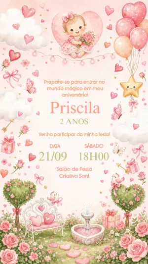 Convite Aniversário Jardim Encantado Rosa Editável