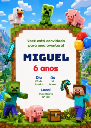 Convite de Aniversário Minecraft: Modelo Digital para Editar