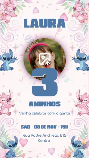 Convite Aniversário Stitch e Angel com Foto para Editar Online