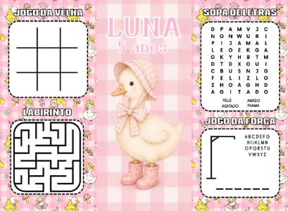 Revistinha de Jogos Patinho Aquarela para Aniversário Editável