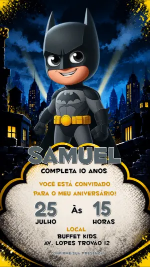 Modelo Editável de Convite Batman Infantil para Aniversário