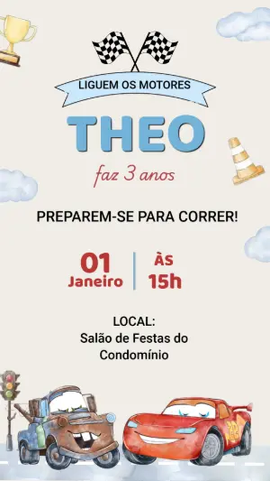 Convite de Aniversário Infantil Carros Corrida Editável