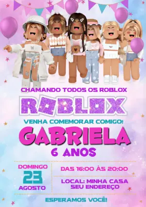 Convite de Aniversário Roblox Menina Rosa Editável
