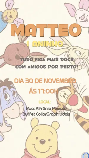 Convite de Aniversário Ursinho Pooh e Turma para Editar