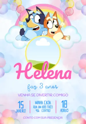 Convite de Aniversário Bluey e Bingo Aquarela com Foto Editável