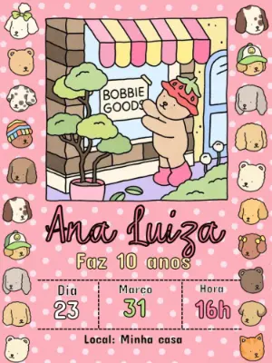 Convite Aniversário Bobbie Goods com Ursinho Editável